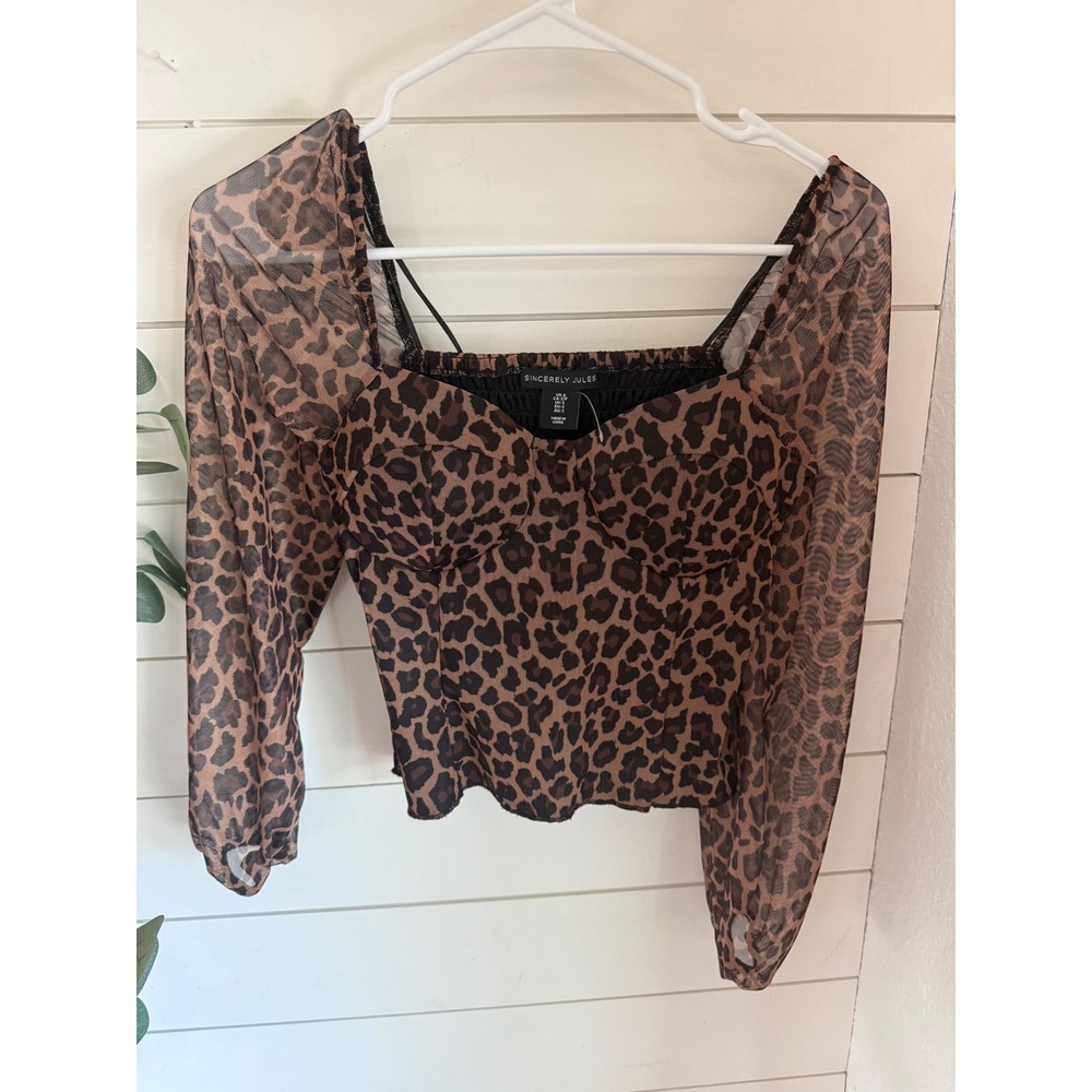 Sincerely Jules Leopard Print Mesh Corset Top Long Sleeve Square Neck‎ Smocked